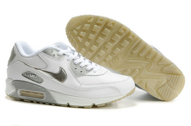 Womens Nike Air Max 90 Shoes Premium White Silver - Click Image to Close